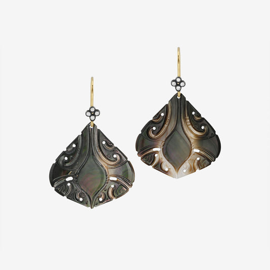 carved black mother of pearl shell and ocean diamond earrings