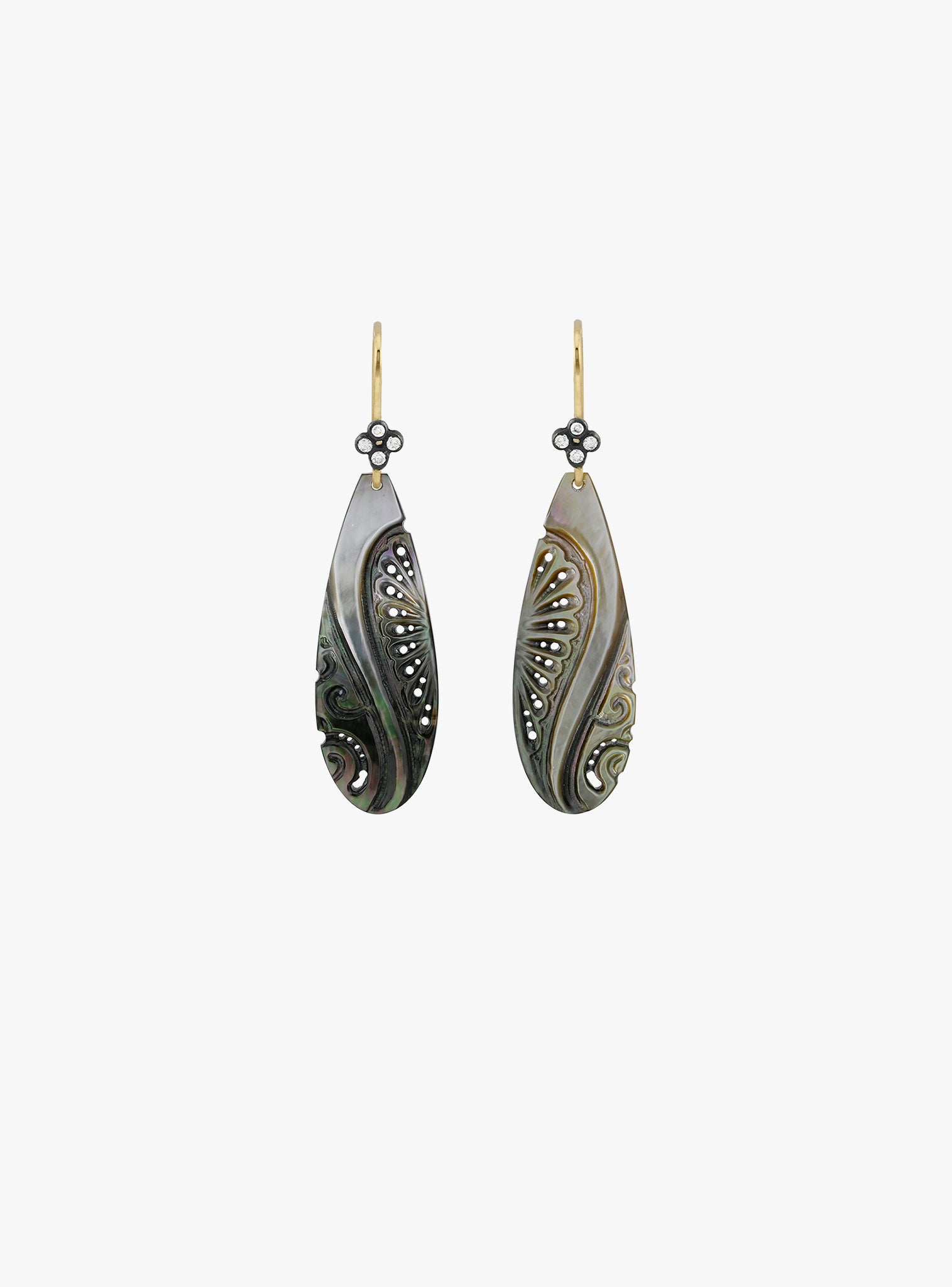 carved black mother of pearl shell and ocean diamond earrings