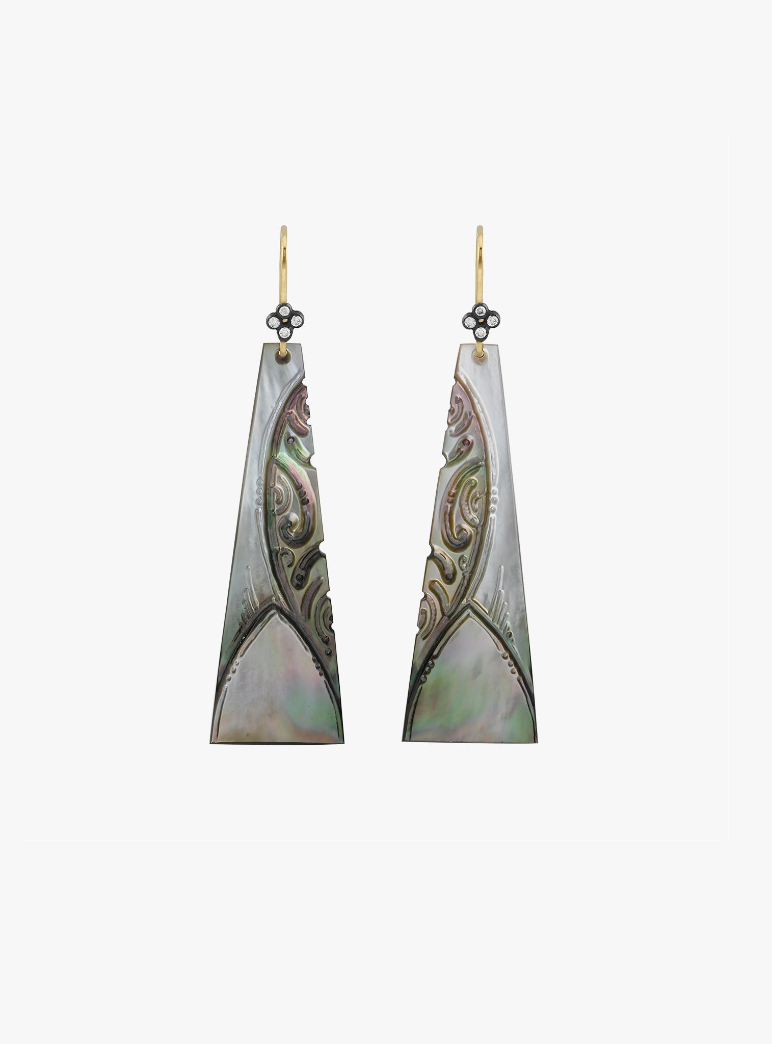 carved black mother of pearl shell and ocean diamond earrings