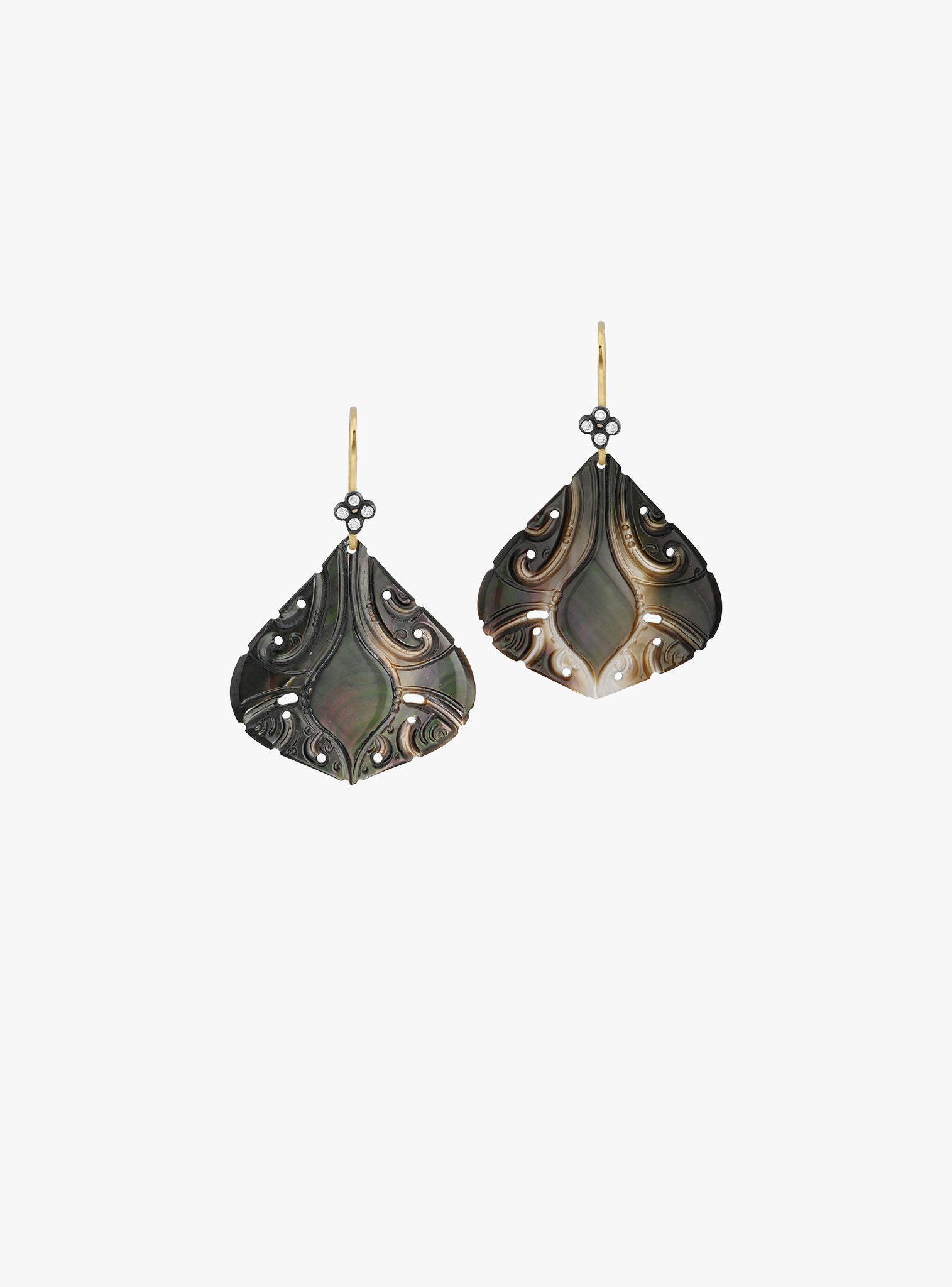 carved black mother of pearl shell and ocean diamond earrings