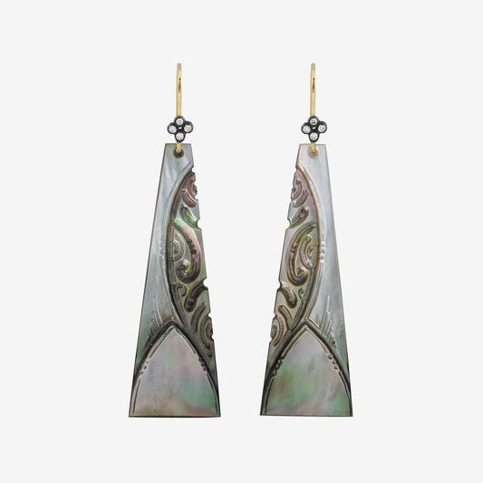 carved black mother of pearl shell and ocean diamond earrings